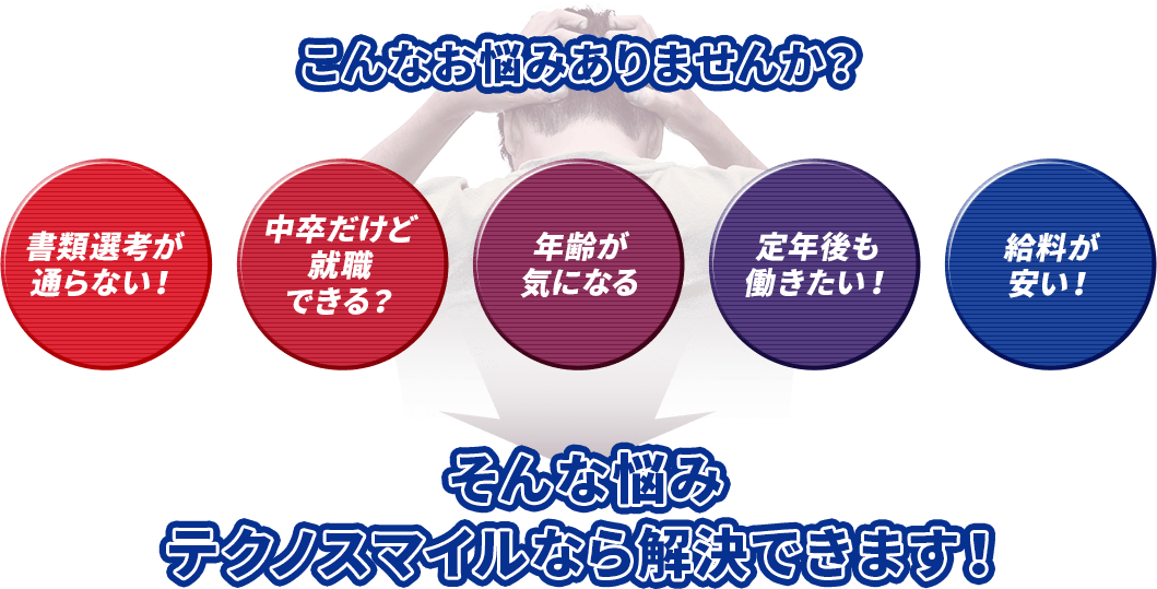 こんなお悩みありませんか？　書類選考が通らない！　中卒だけど就職できる？　年齢が気になる　定年後も働きたい！　給料が安い！　そんな悩みテクノスマイルなら解決できます！