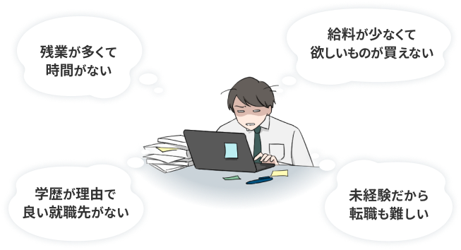 残業が多くて時間がない給料が少なくて欲しいものが買えない学歴が理由でいい就職先がない未経験だから転職も難しい