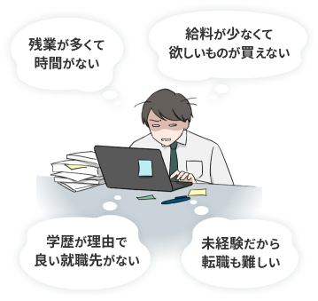 残業が多くて時間がない給料が少なくて欲しいものが買えない学歴が理由でいい就職先がない未経験だから転職も難しい